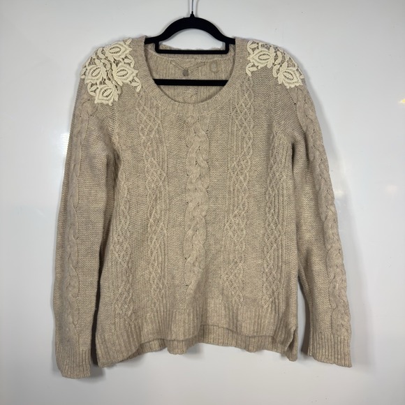 Anthropologie Sweaters - Anthropologie Knitted & Knotted Wool Cable Knit Lace Sweater Medium Beige Cream
